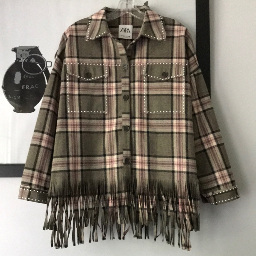 Zara wool blend plaid fringed overshirt shacket S
